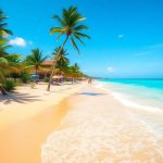 Słoneczna plaża z turkusową wodą i palmami.