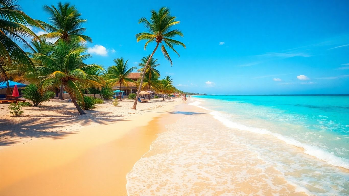 Słoneczna plaża z turkusową wodą i palmami.