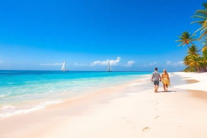 Plaża z palmami i turkusową wodą.