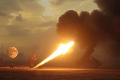 Potężny railgun wystrzeliwujący pocisk na polu bitwy.