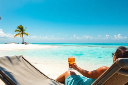 Słoneczna plaża z turkusową wodą i palmami.