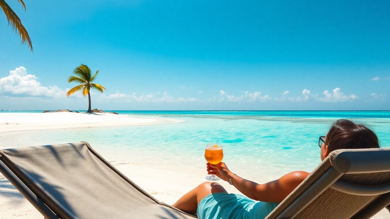 Słoneczna plaża z turkusową wodą i palmami.