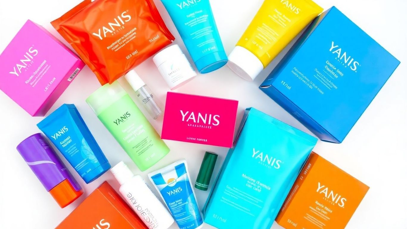 Produkty Yanis na stole, kolorowe opakowania, kosmetyki.