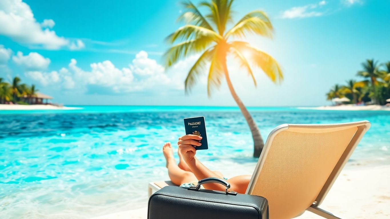 Plaża z palmami i walizką.