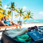 Plaża z palmami i turkusową wodą, para na leżakach.