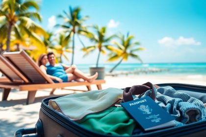 Plaża z palmami i turkusową wodą, para na leżakach.