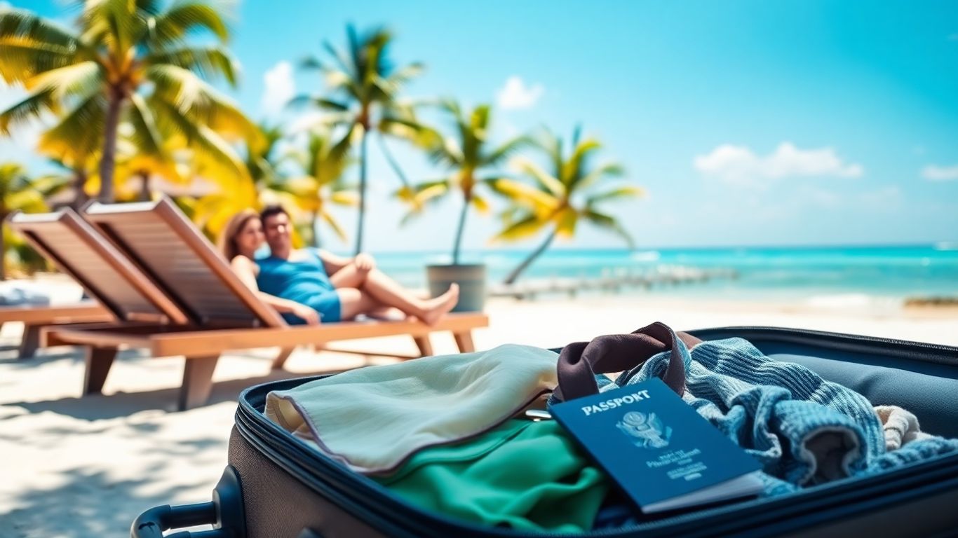 Plaża z palmami i turkusową wodą, para na leżakach.