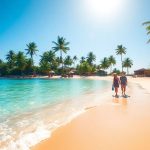 Plaża z palmami i turkusową wodą we wrześniu.