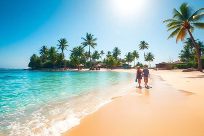 Plaża z palmami i turkusową wodą we wrześniu.