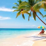 Słoneczna plaża z palmami i turkusową wodą.