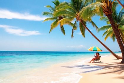 Słoneczna plaża z palmami i turkusową wodą.