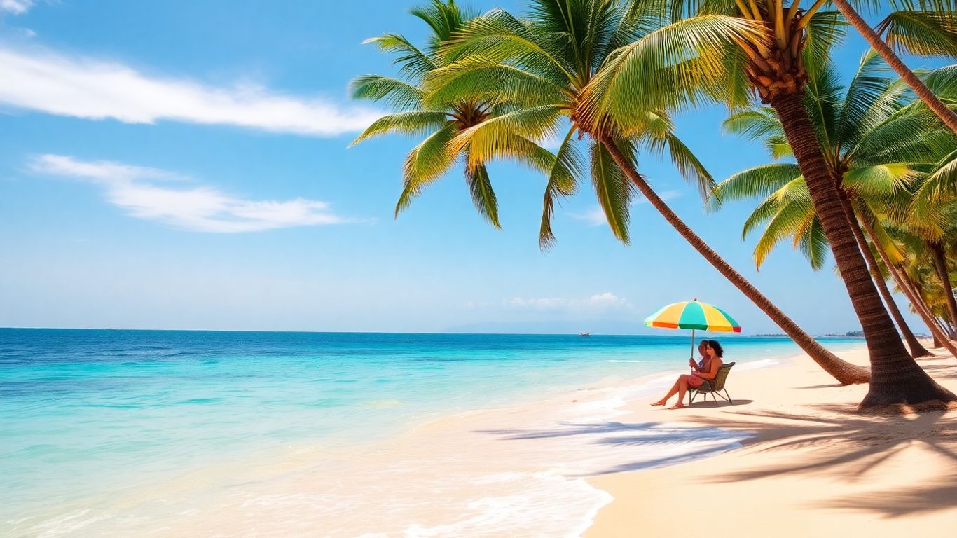 Słoneczna plaża z palmami i turkusową wodą.