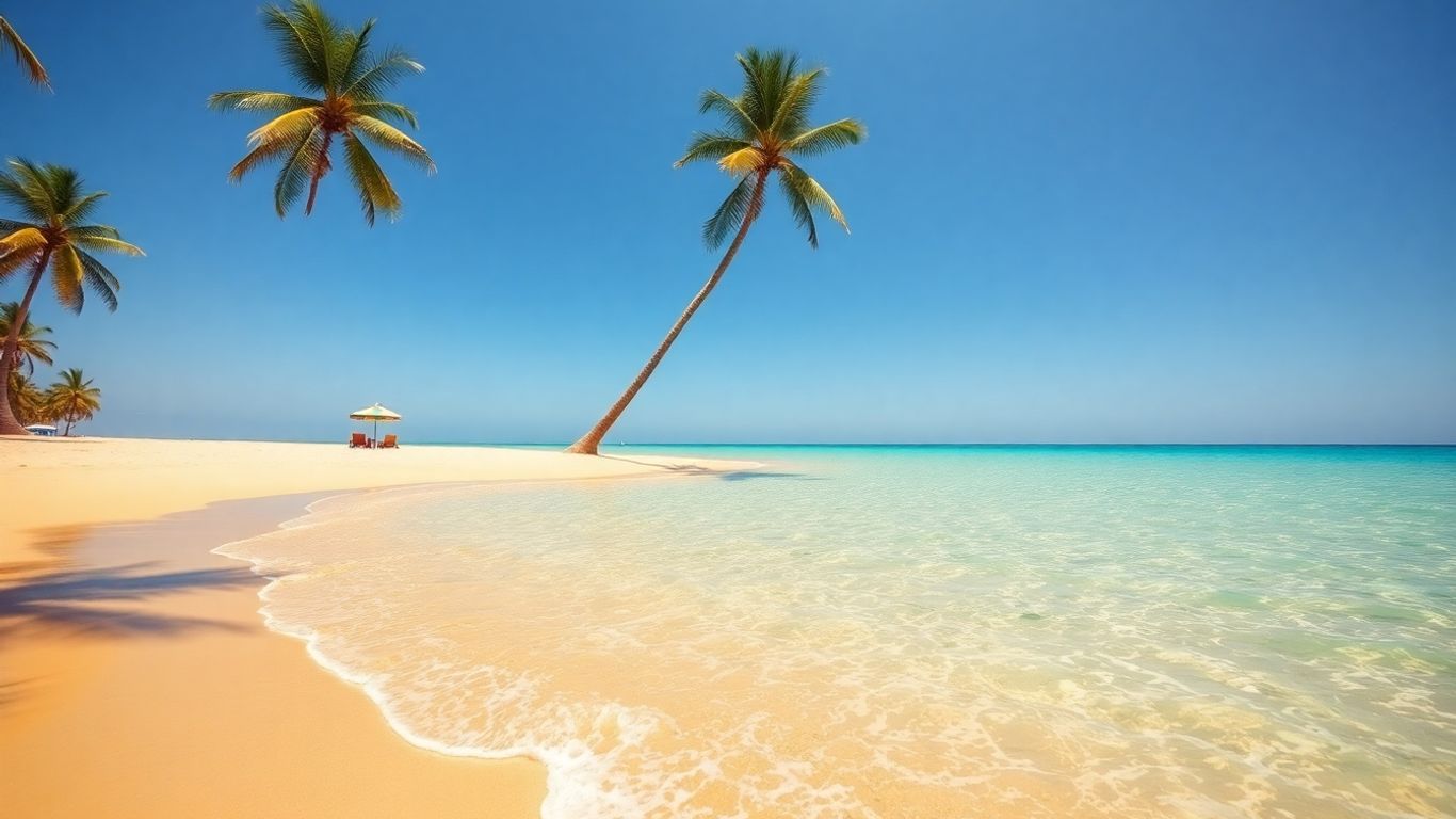 Słoneczna plaża z turkusową wodą i palmami.