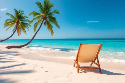 Słoneczna plaża z palmami i leżakiem.