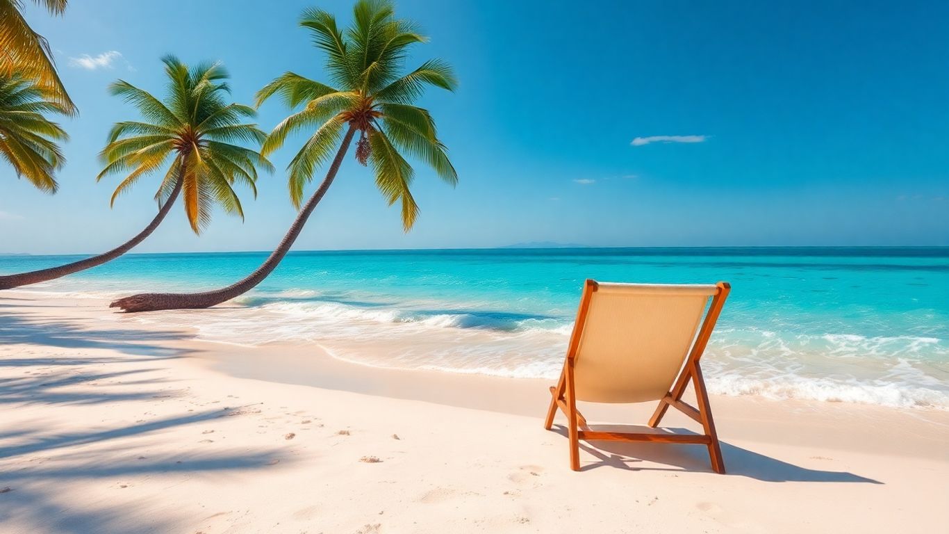 Słoneczna plaża z palmami i leżakiem.