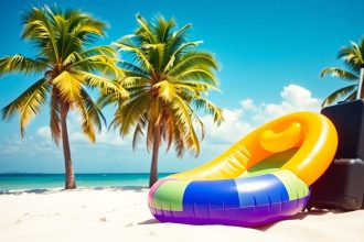 Błędnie spakowana walizka na plaży podczas wakacji.