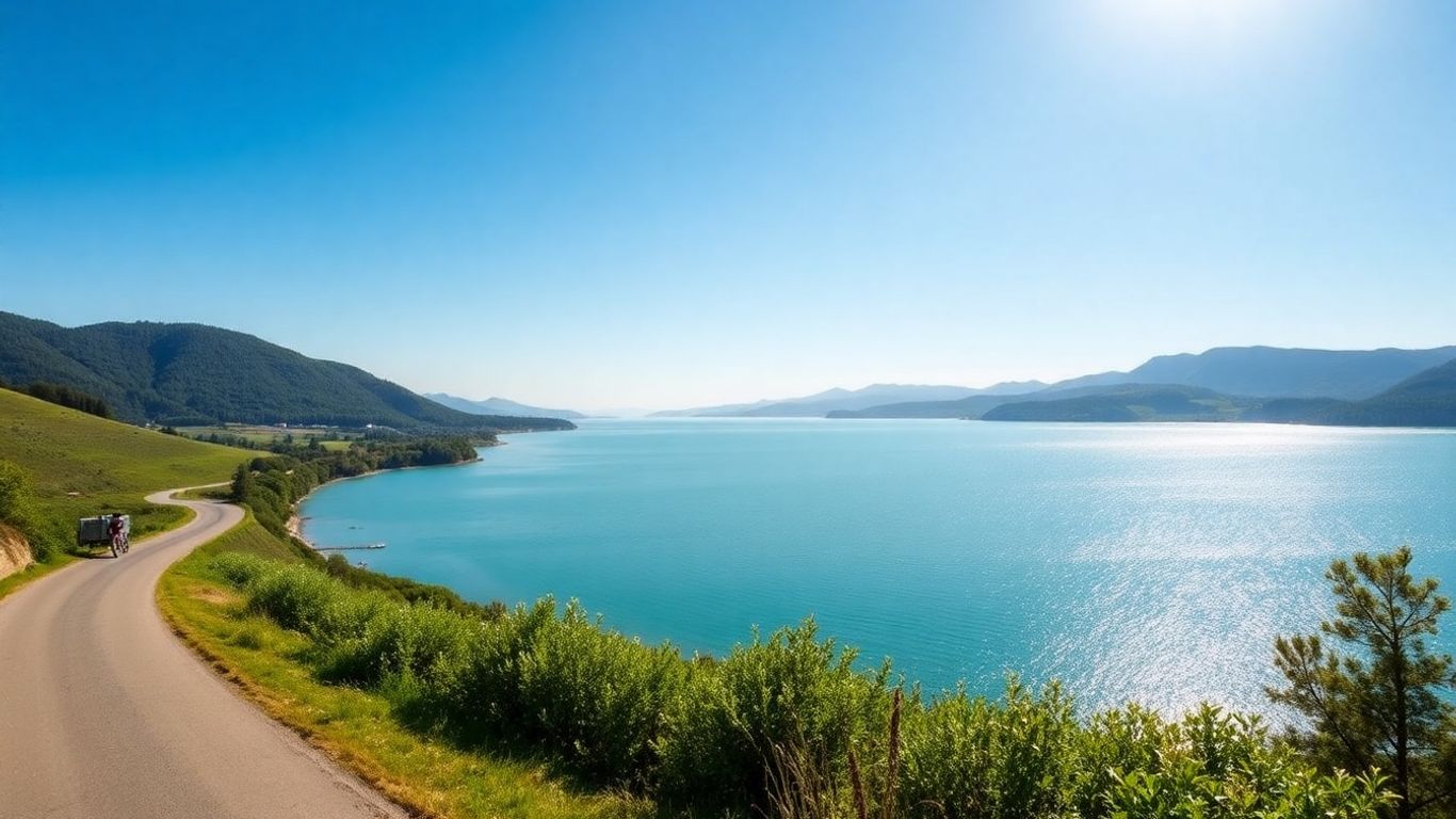 Trasa rowerowa wokół Jeziora Czorsztyńskiego z górami w tle.