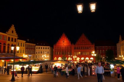 Rynek Główny w Krakowie nocą, pełen ludzi i świateł.