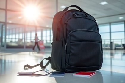 Plecak podróżny na lotnisku, gotowy do podróży.