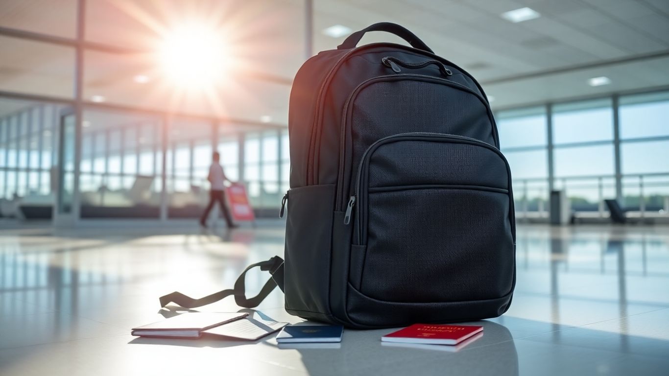 Plecak podróżny na lotnisku, gotowy do podróży.
