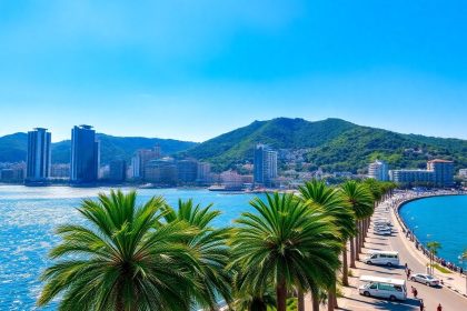 Widok na Batumi, Gruzja, z Morzem Czarnym i górami.