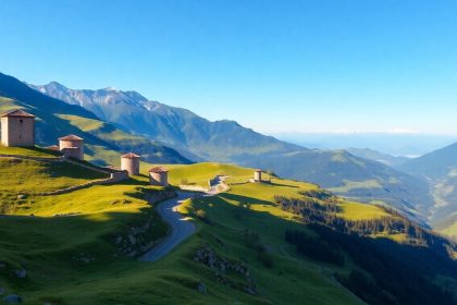Górskie krajobrazy Gruzji z wieżami i dolinami.