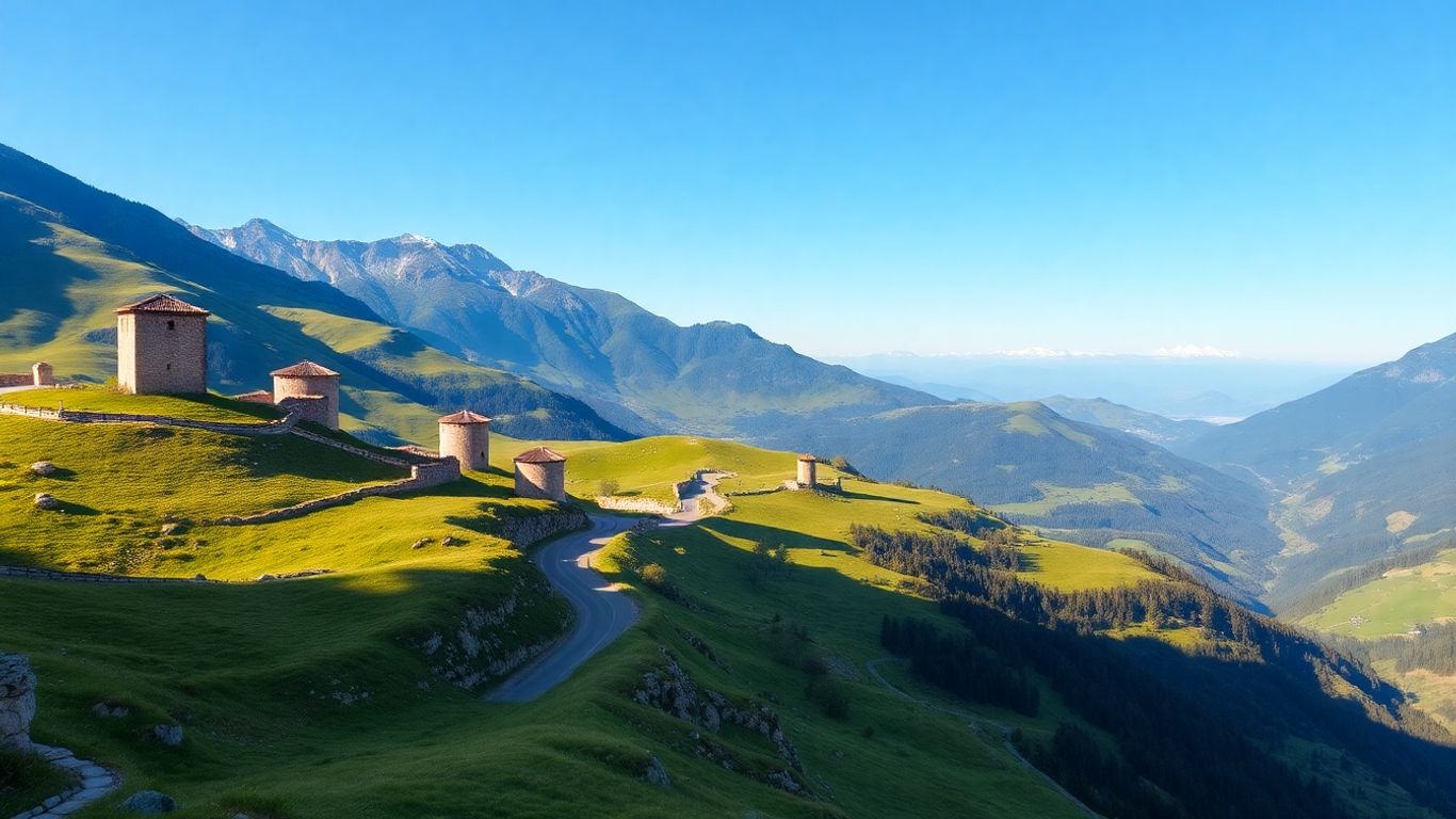 Górskie krajobrazy Gruzji z wieżami i dolinami.