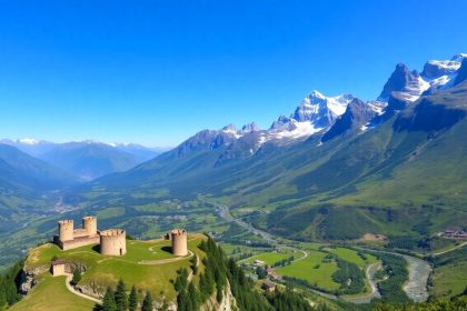 Górskie krajobrazy Gruzji, starożytne wieże, zielone doliny.