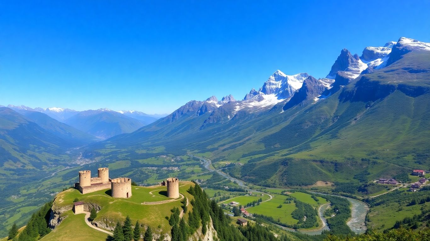 Górskie krajobrazy Gruzji, starożytne wieże, zielone doliny.