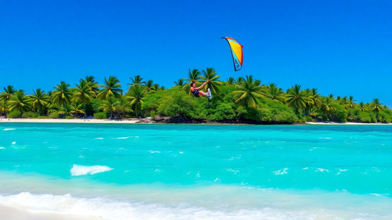 Kitesurfer na tle błękitnego nieba i wody.