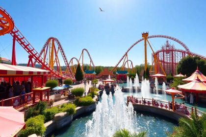 Park rozrywki z kolejkami górskimi i tłumami ludzi.