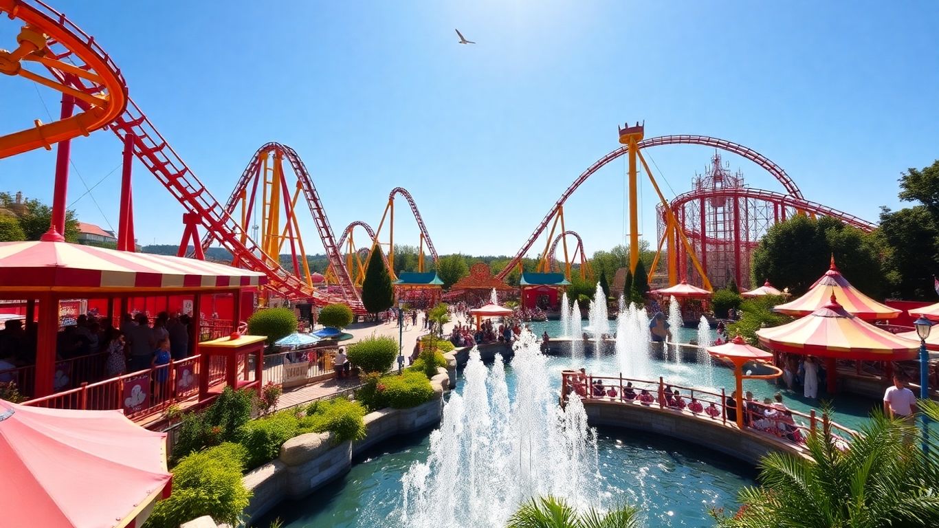 Park rozrywki z kolejkami górskimi i tłumami ludzi.