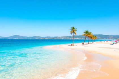 Słoneczna plaża w Bułgarii z turkusowym morzem.