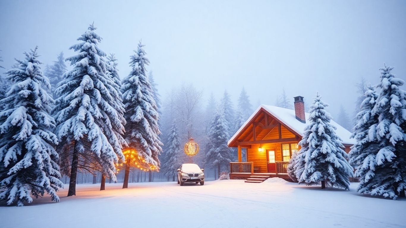 Zimowy krajobraz z ośnieżonymi drzewami i chatką.