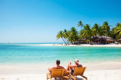 Ciepła plaża z palmami i turkusową wodą.