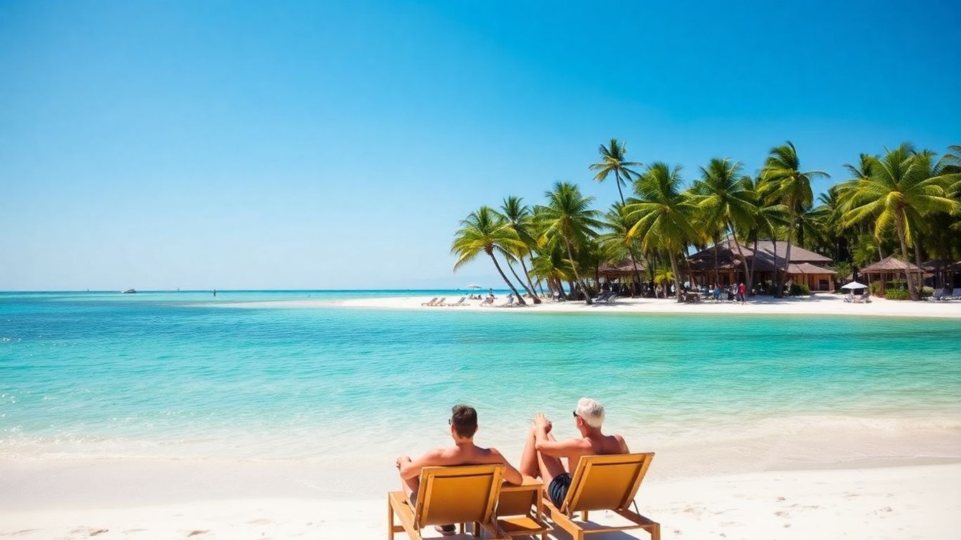 Ciepła plaża z palmami i turkusową wodą.