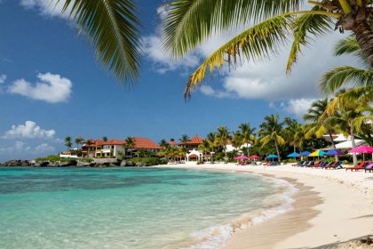 Słoneczna plaża z turkusową wodą i palmami.