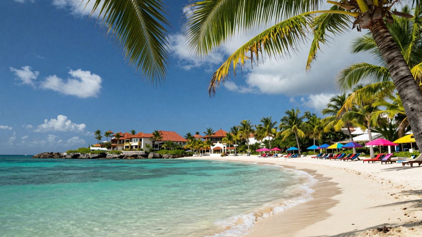 Słoneczna plaża z turkusową wodą i palmami.