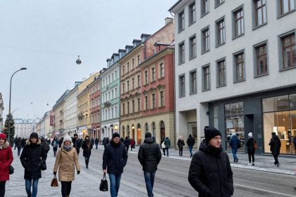 Ulica Katowic zimą z ludźmi i nowoczesną architekturą.