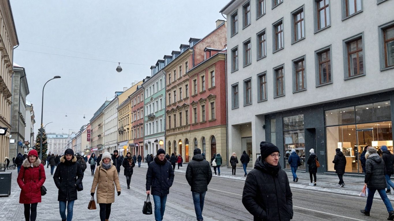 Ulica Katowic zimą z ludźmi i nowoczesną architekturą.