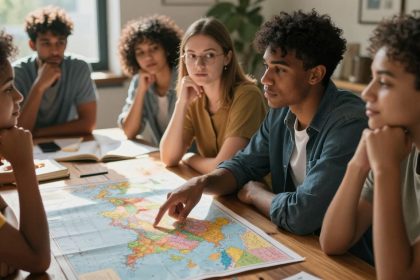 Młodzi ludzie wybierający kierunek studiów na mapie świata.