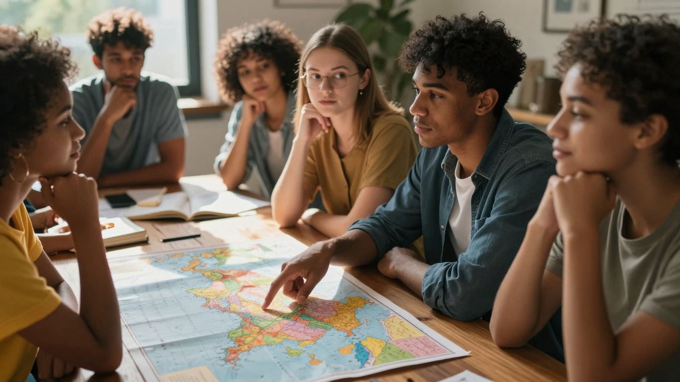 Młodzi ludzie wybierający kierunek studiów na mapie świata.