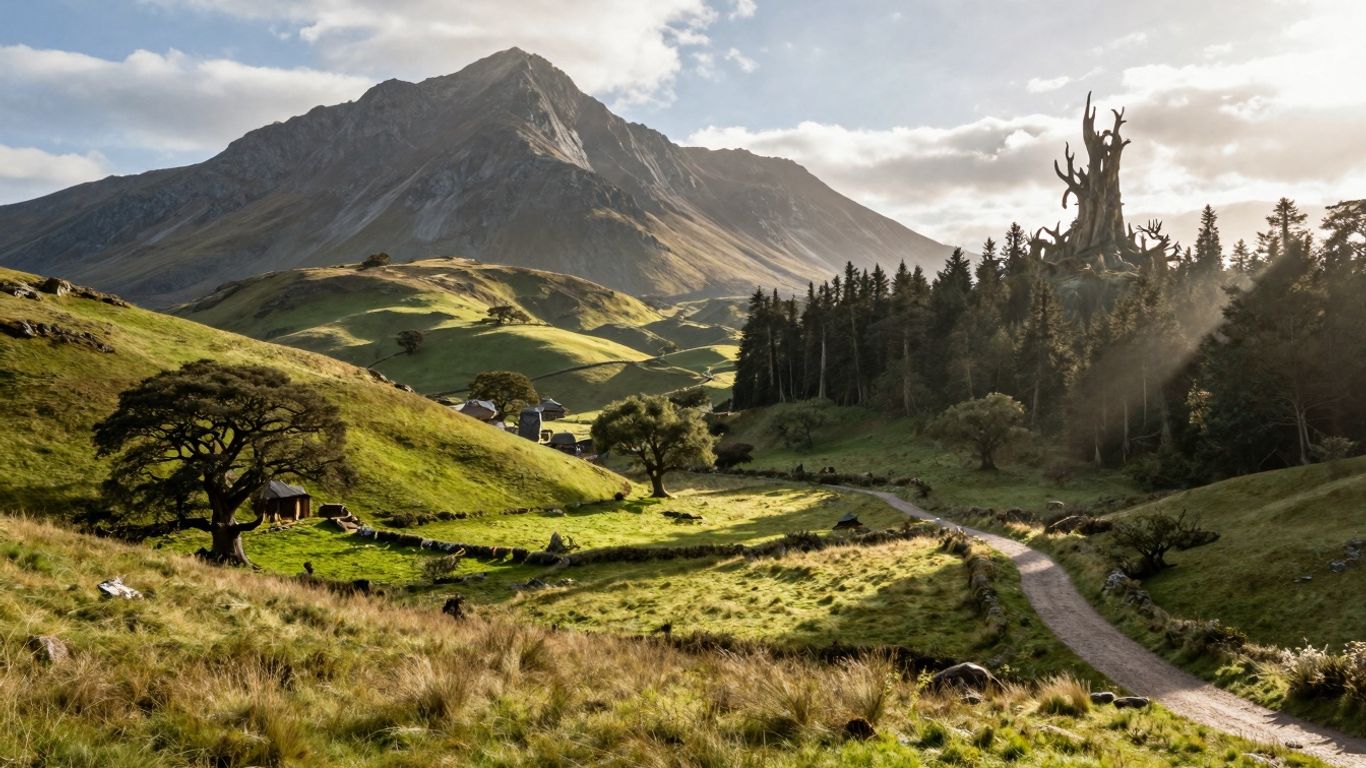 Krajobraz Śródziemia z widocznymi górami i lasami.