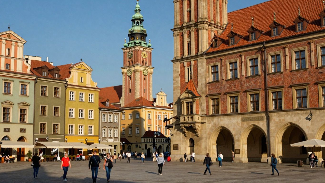 Poznański Rynek z Ratuszem i kolorowymi kamienicami