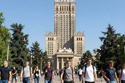 Pałac Kultury i Nauki w Warszawie z młodymi ludźmi.