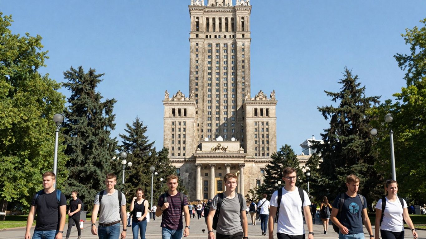 Pałac Kultury i Nauki w Warszawie z młodymi ludźmi.