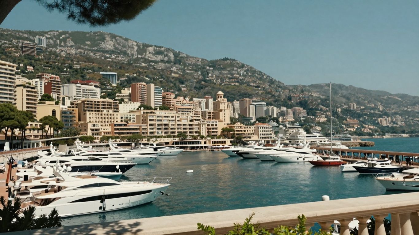 Luksusowe jachty w porcie Monako z eleganckimi budynkami.