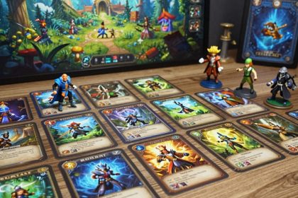 Karty gry Hero Realms: Podróże z miniaturkami postaci.