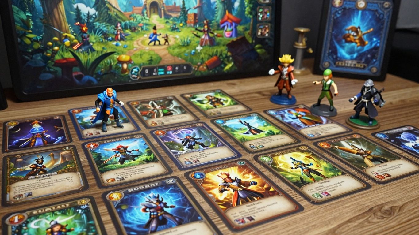Karty gry Hero Realms: Podróże z miniaturkami postaci.