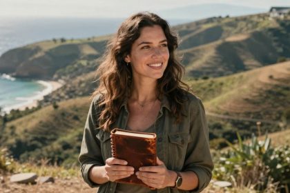 Kobieta z dziennikiem na tle gór i morza.